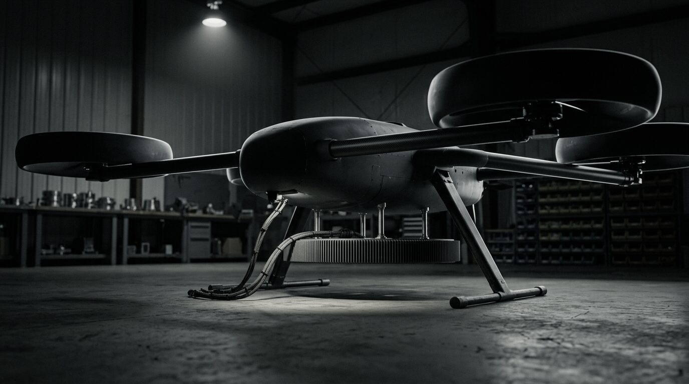 Unmanned aircraft standing on its struts in a dark hangar with the finned ring emitter slung beneath it