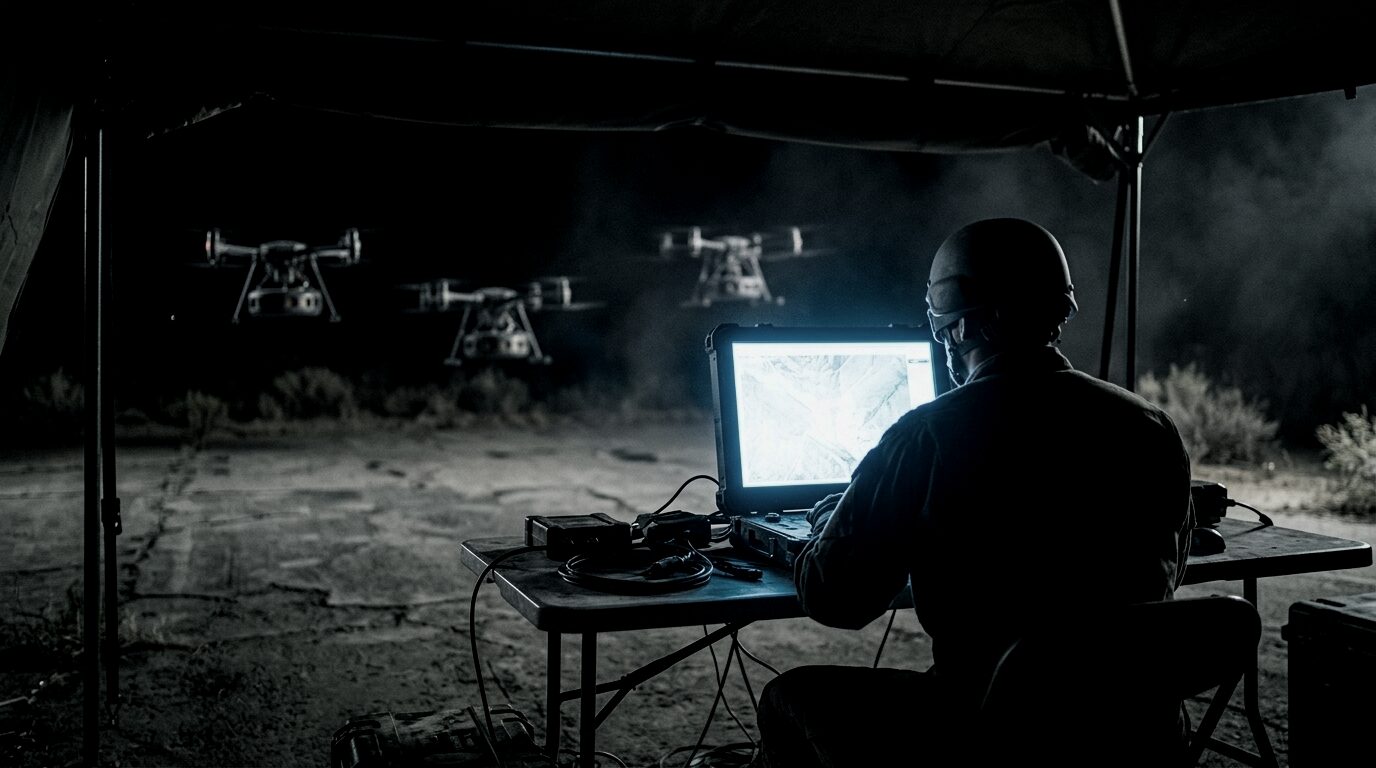 A single operator at a ruggedised field control station at night, three aircraft holding station in the darkness beyond the shelter