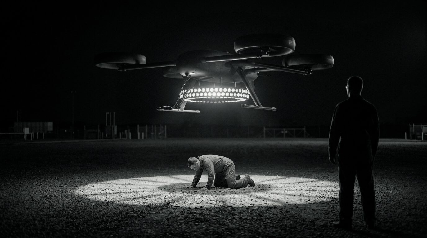 Effects demonstration at night: an aircraft on station with its ring emitter lit, a soldier down on hands and knees inside the lit circle, and a second soldier standing upright in darkness just outside it