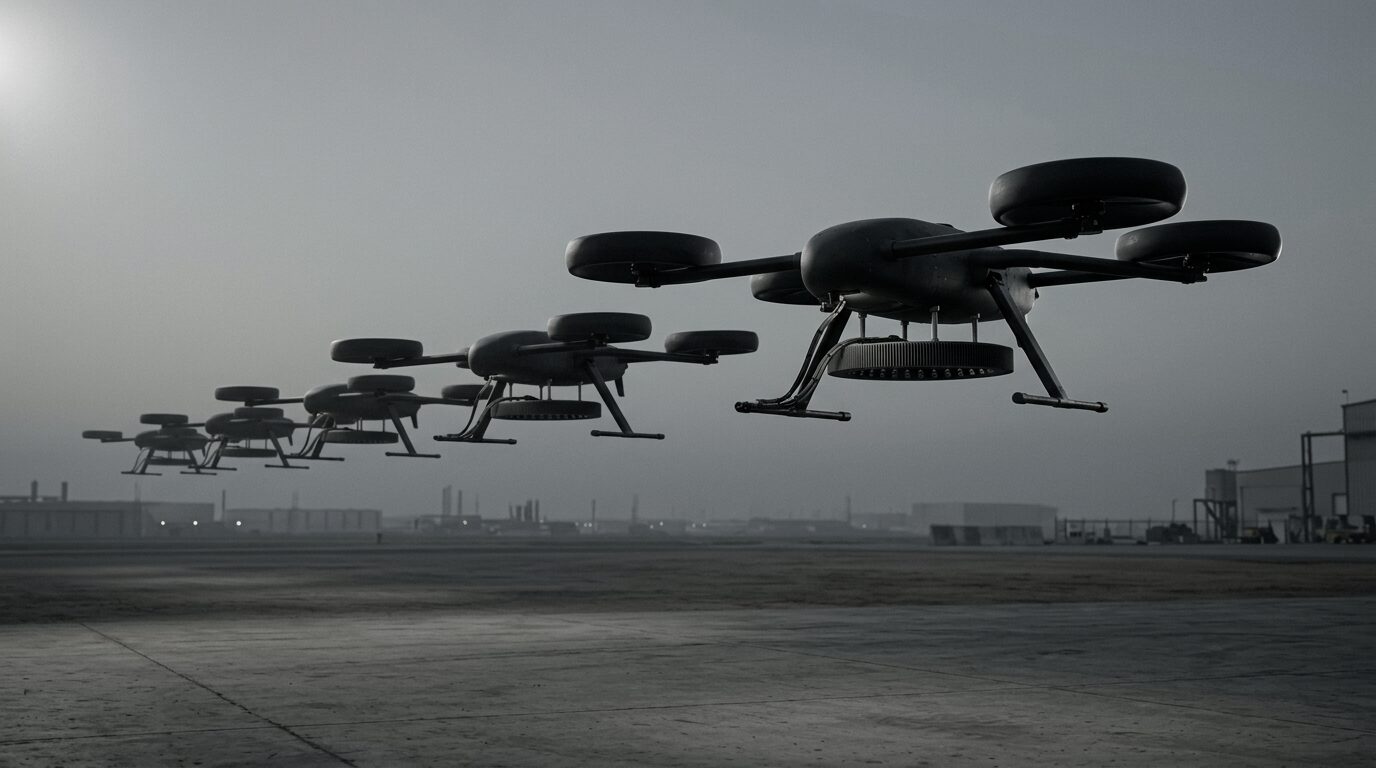 Six identical aircraft holding a line-abreast formation overhead at dusk, each carrying the same ring emitter slung beneath