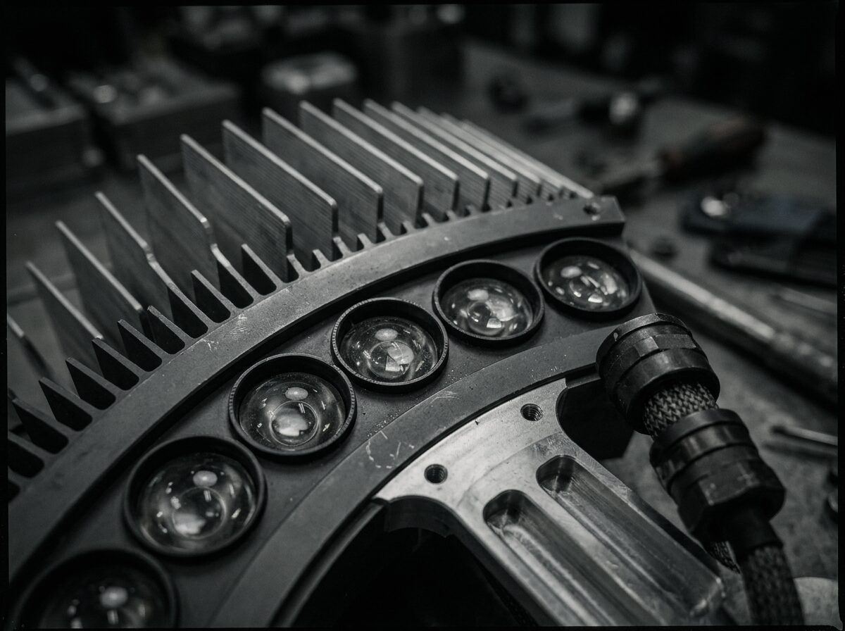 Macro view of one arc of the ring showing four lens elements in machined bezels with the cooling fin stack rising behind them