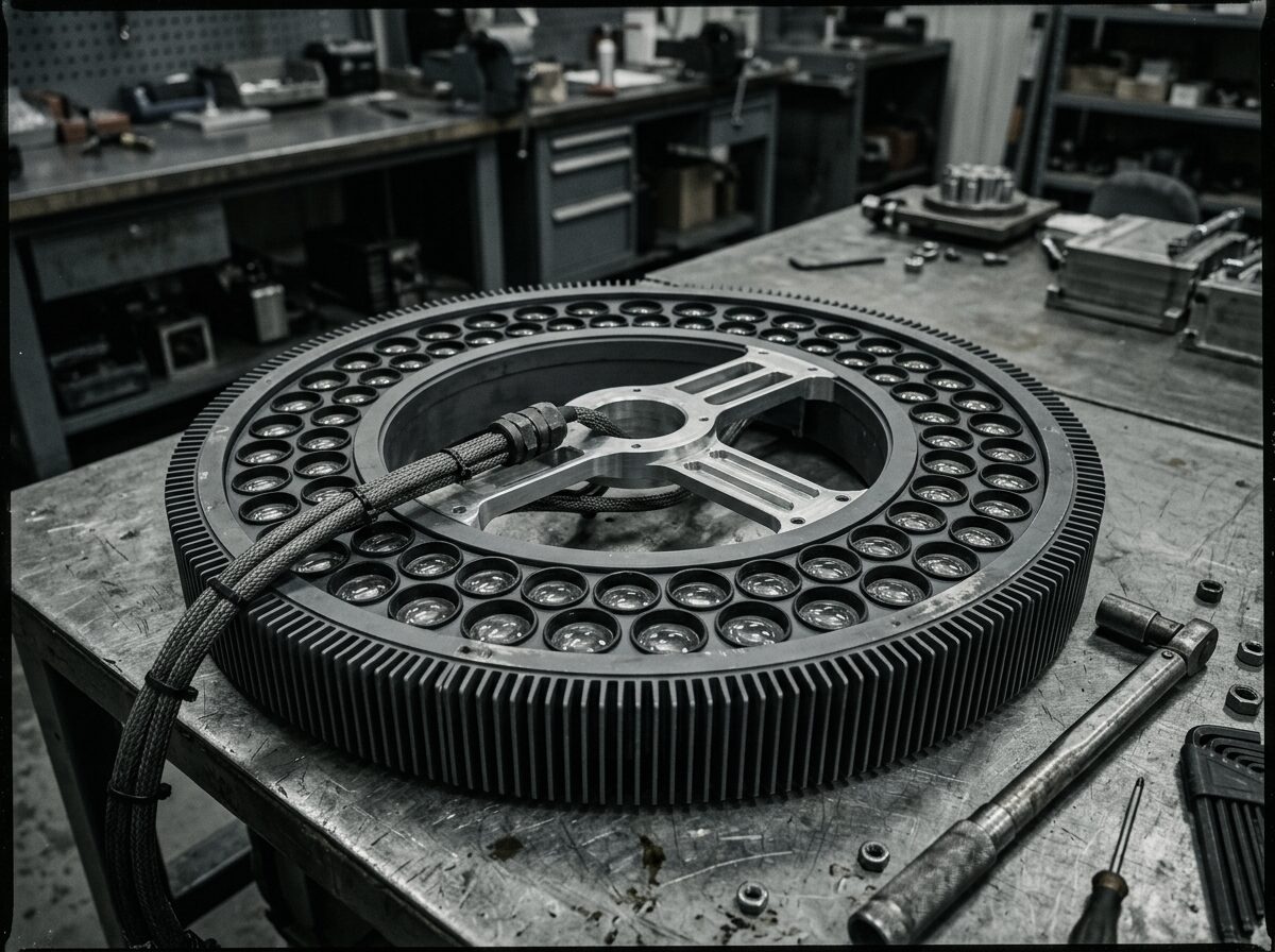 The ring-shaped emitter module detached from the aircraft on a steel workbench, showing the finned extrusion and two staggered rows of lens elements