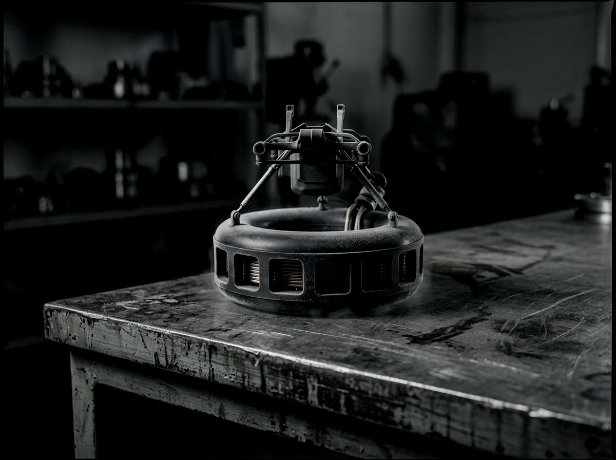 The ring-shaped emitter module detached from the aircraft, resting on a scratched steel workbench