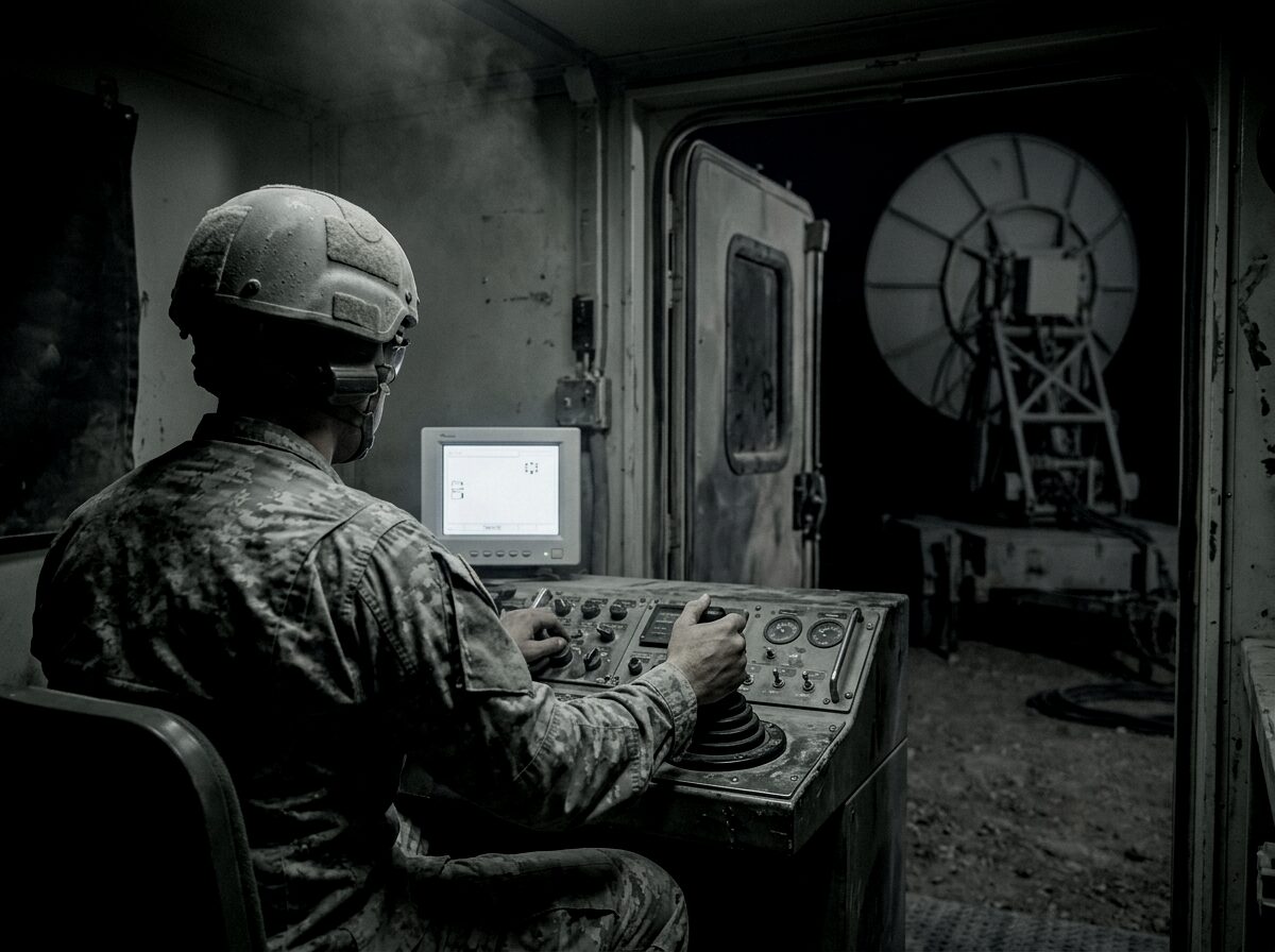 Interior of a ruggedised control shelter at night, one operator at a console with a slewing handle, the emitter visible through the open door behind