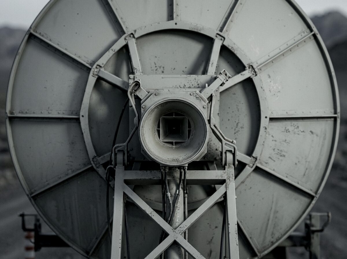 Close view of the machined feed horn and support spars at the centre of the parabolic reflector