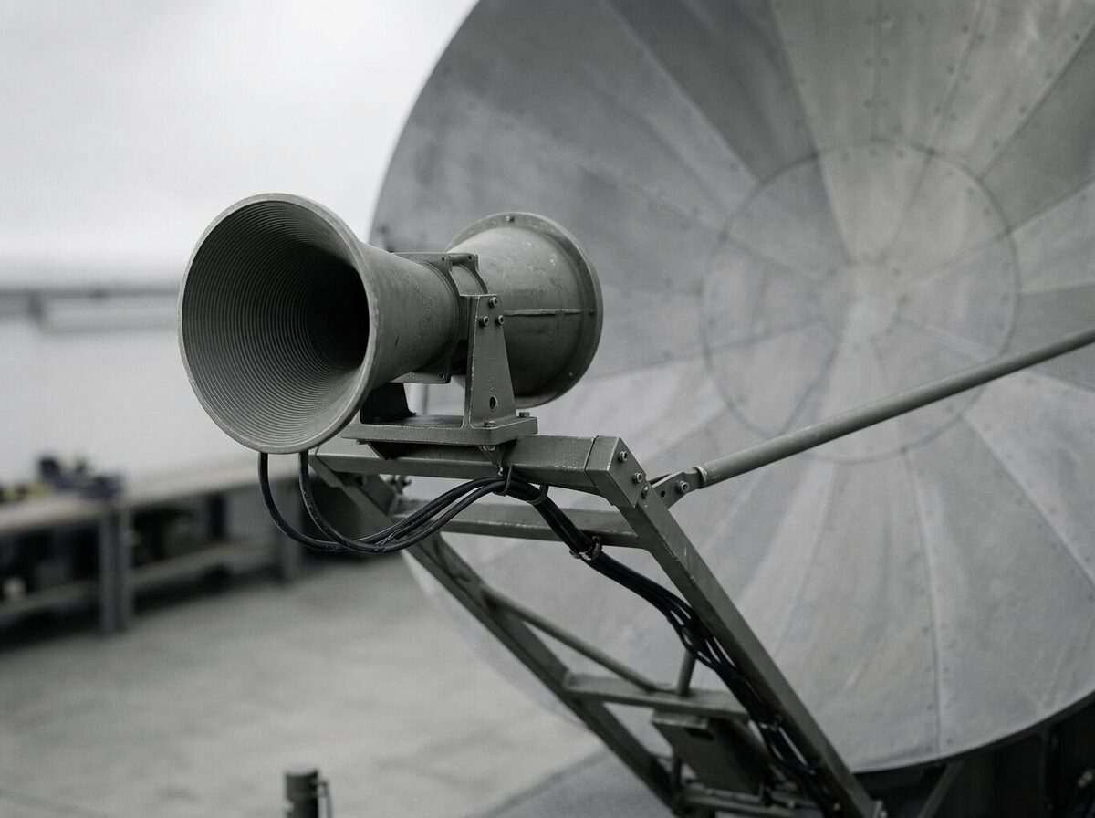 Close view of the offset feed horn with its fine concentric internal corrugations, carried on bolted support struts clear of the reflector aperture