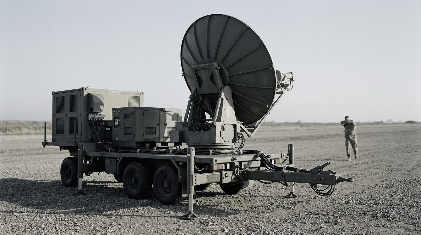 Effects demonstration at first light: the dish emitter elevated on its trailer, and downrange a soldier twisting away from the beam with a forearm raised across his face