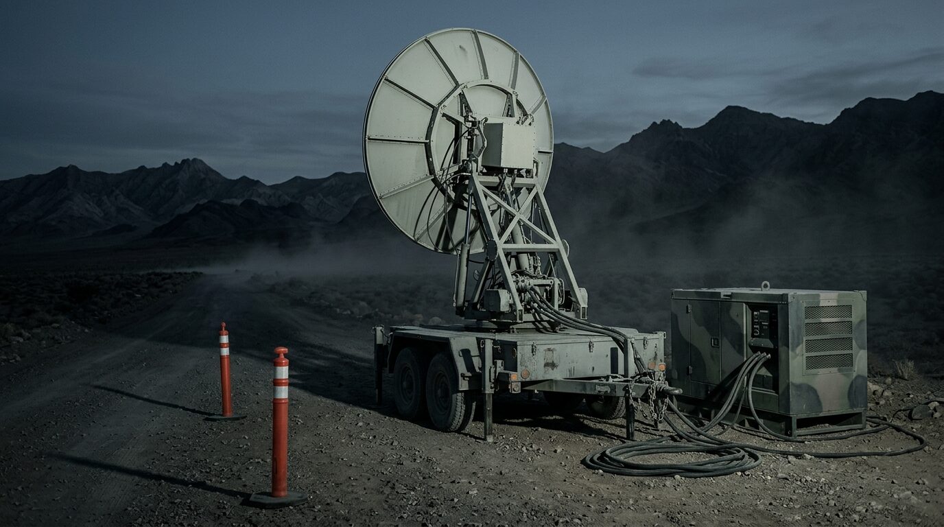 Large millimetre-wave dish antenna on an elevating trailer pedestal at first light