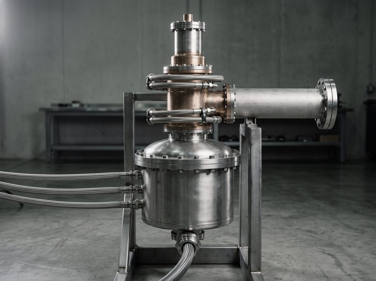 The gyrotron standing upright in its steel support frame, a polished stainless cryostat below and a copper collector above, with one large horizontal output tube leaving the side