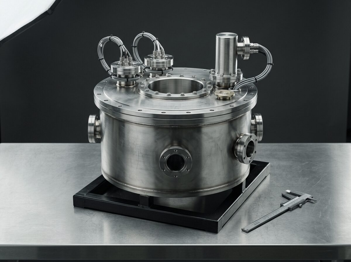 The superconducting magnet cryostat as a standalone component on a transport frame, a polished stainless vessel with an open vertical bore and a cryocooler cold head on the top plate