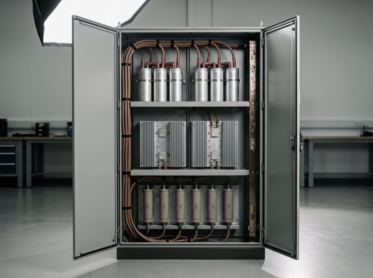 The high voltage modulator cabinet with both doors open, showing shelves of capacitors, finned heatsink assemblies with power semiconductor modules, and dressed high voltage wiring