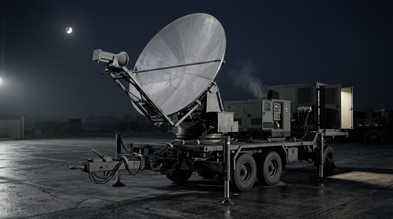 The emitter emplaced at night on a concrete hardstand, outriggers down and reflector elevated toward the horizon, the generator running and the shelter door throwing a wedge of light across wet concrete