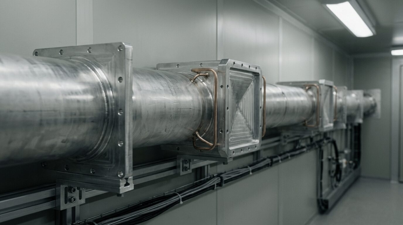 A run of overmoded circular corrugated waveguide in flanged sections turning through two water-cooled mitre bend boxes along an equipment shelter wall