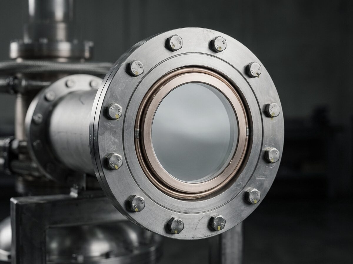 Close view of the bolted end flange of the output arm with the CVD diamond window disc held behind a polished copper cuff