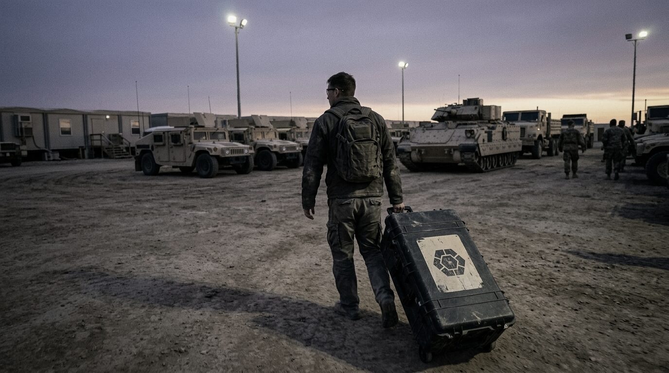 An engineer towing a large wheeled equipment case across a desert forward operating site at dusk, with military vehicles parked in rows under floodlights