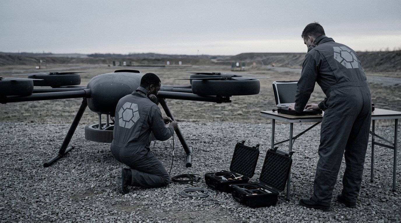 Three engineers around an unmanned aircraft on a gravel range at first light, one crouched at the ring emitter with a multimeter